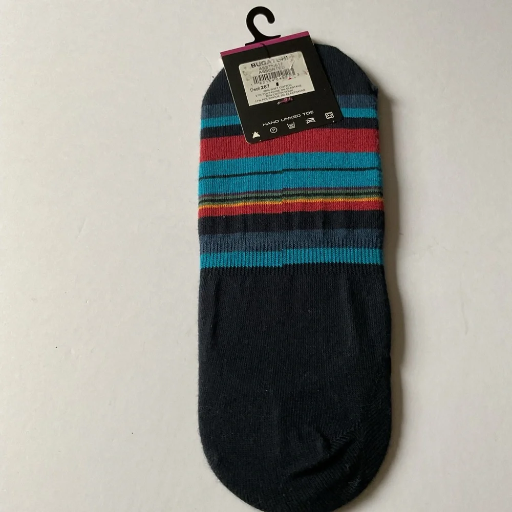 BUGATCHI MENS COTTON LINER SOCKS  BLUE MULTI-COLOR STRIPE OS NWT